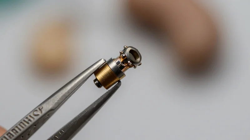 Close-up macro shot of tiny hearing aid components held by tweezers