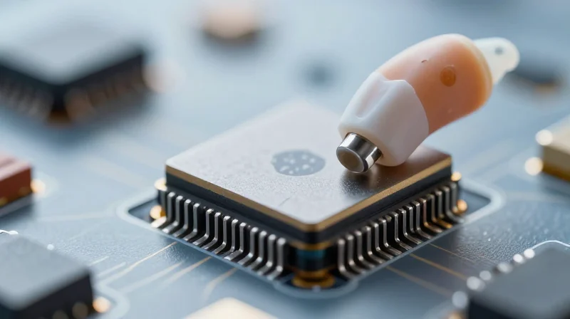Modern hearing aid electronics component floating in a sleek, minimalist medical environment