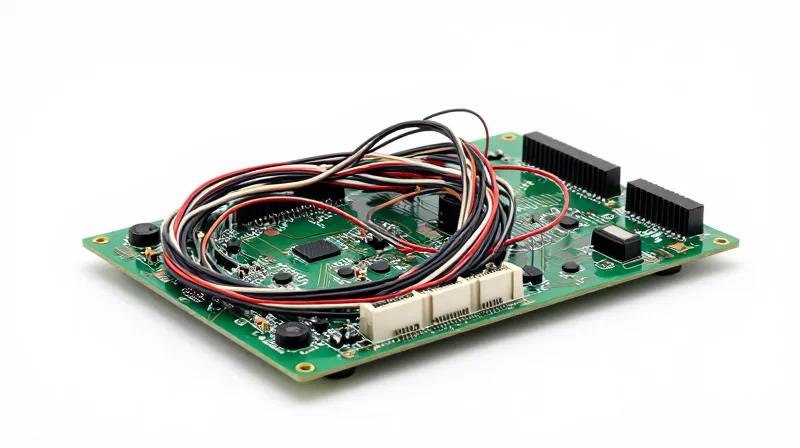 A cluttered assembly of old-fashioned rigid circuit boards with tangled wires