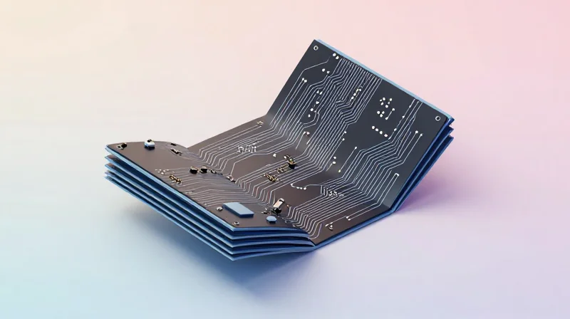 An isometric 3D render demonstrating the folding capabilities of a multi-layer rigid-flex PCB