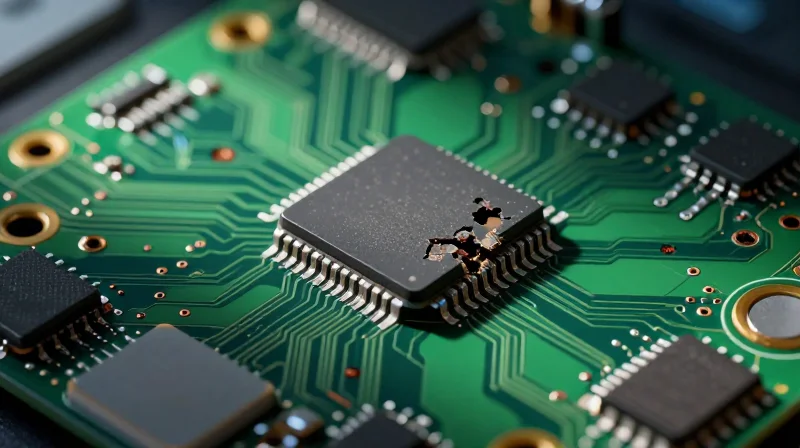 Conceptual image representing industrial failure and financial loss, focused on a damaged circuit board component with dark, moody lighting.