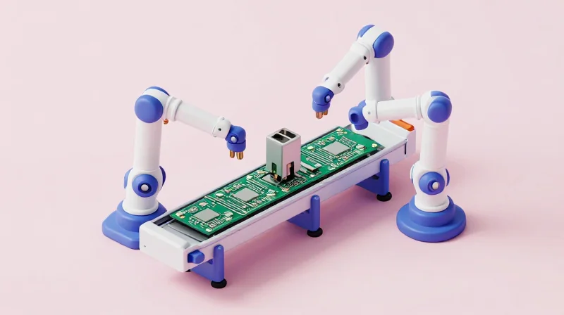 Isometric view of an automated SMT assembly line in a clean high-tech factory.