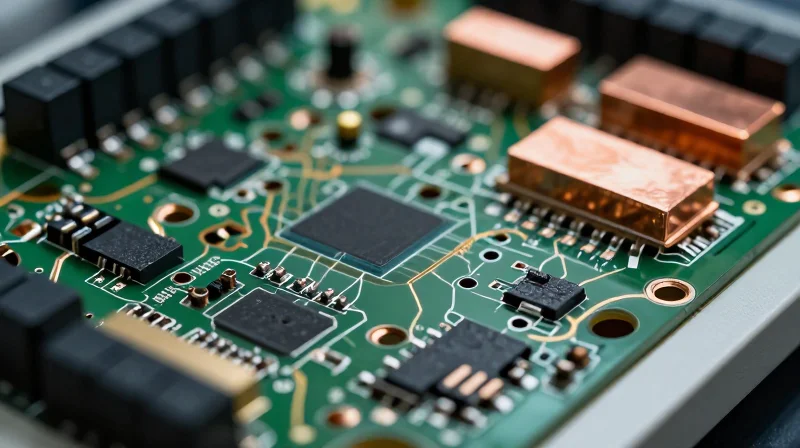 A complex PCB board showing heat dissipation patterns with glowing thermal vias and heat sinks.