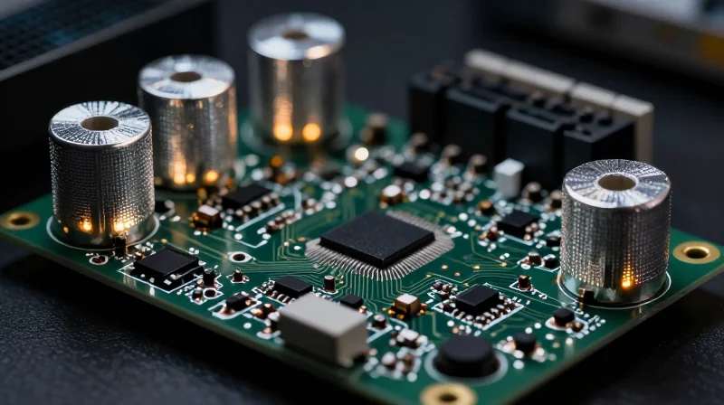 High-tech PCB showing electromagnetic interference shielding components in a clean lab environment.