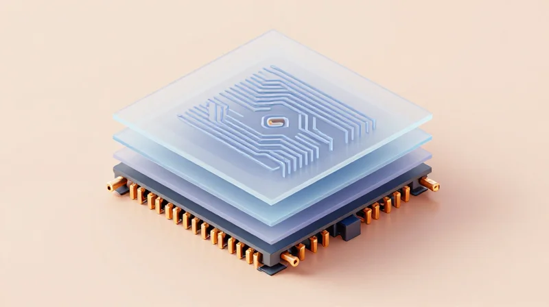 Isometric 3D model showing a multi-layer HDI PCB stack-up structure.