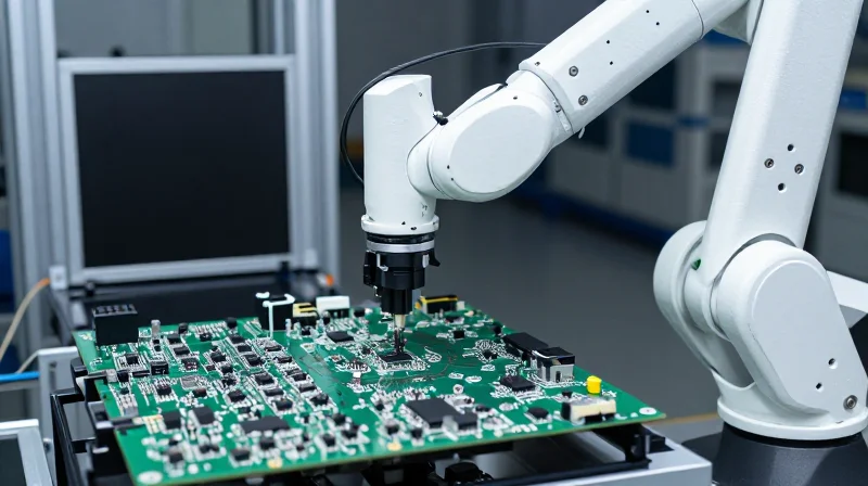 Robotic arm placing components on a dense PCB during an automated assembly process.