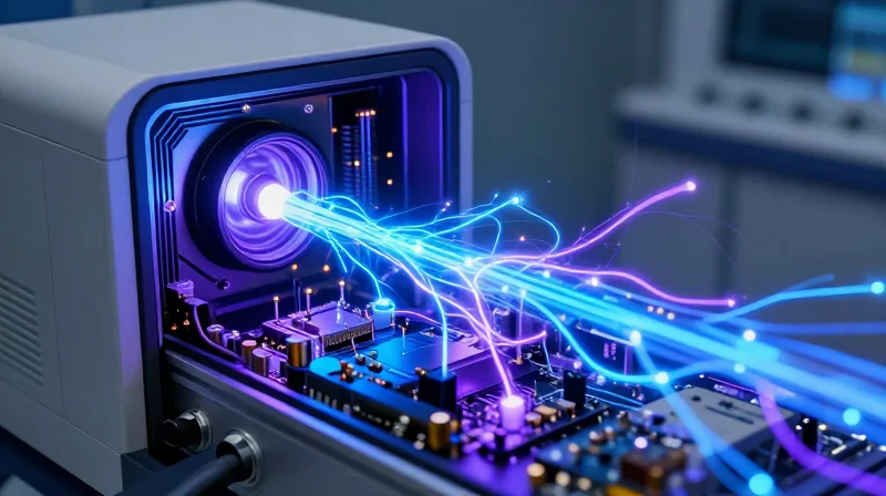 A glowing high-voltage electrical field surrounding a compact circuit board inside a medical dental imaging machine