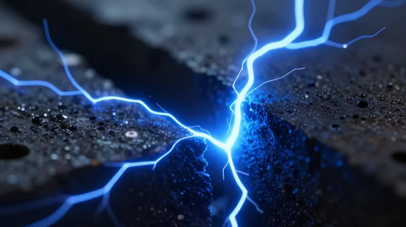 Conceptual visualization of electrical discharge through an insulating medium showing stress and ionization