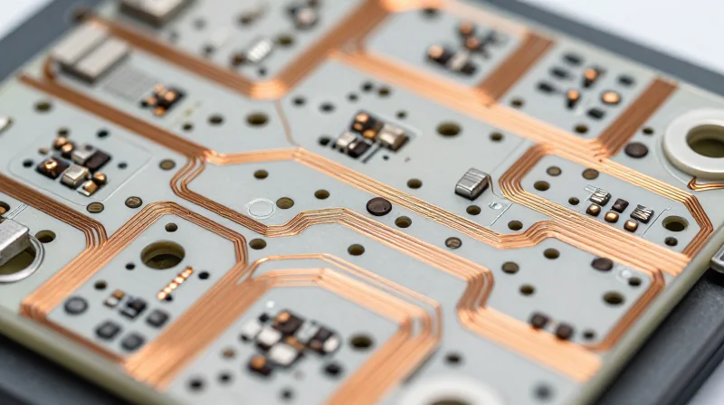 A close-up view of a high-voltage PCB showing defined isolation barriers and clean trace spacing