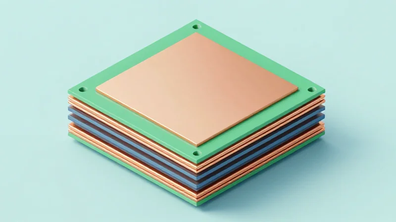 A 3D cross-section view of a high-tech PCB stack-up highlighting dielectric insulation layers