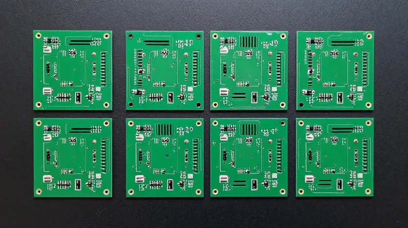 Top-down view of PCB slots and routed channels designed to increase surface tracking distance