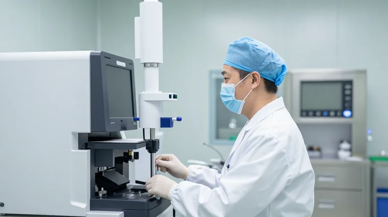A professional quality assurance symbol in a clean, high-precision manufacturing environment