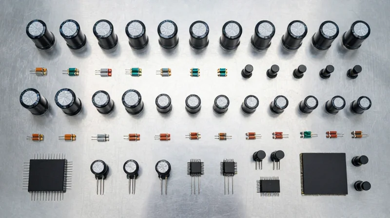 Top-down view of meticulously organized high-precision electronic components for medical devices