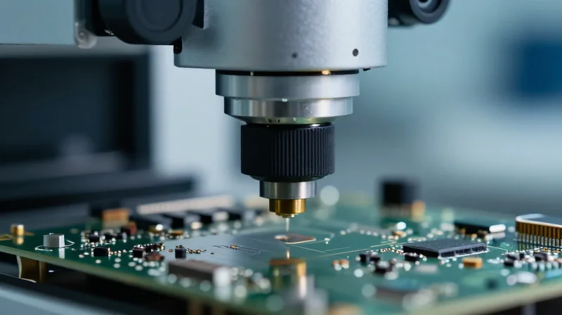 High-tech microscopic inspection equipment analyzing a circuit board