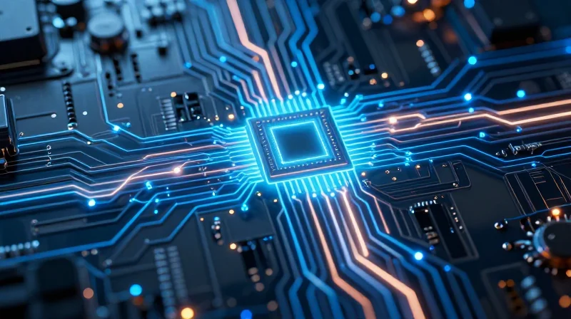 A futuristic circuit board with glowing light trails representing data flow and predictive intelligence.
