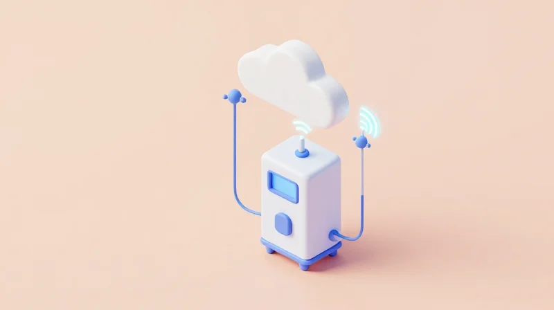 Isometric view of interconnected medical devices communicating wirelessly.