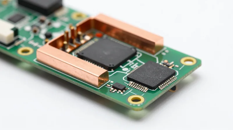Close-up of a high-tech circuit board with thermal cooling fins.