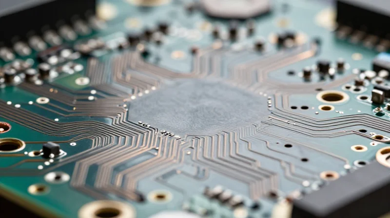 A close-up view of a high-performance circuit board surface showing intricate thermal relief patterns and advanced laminate material textures