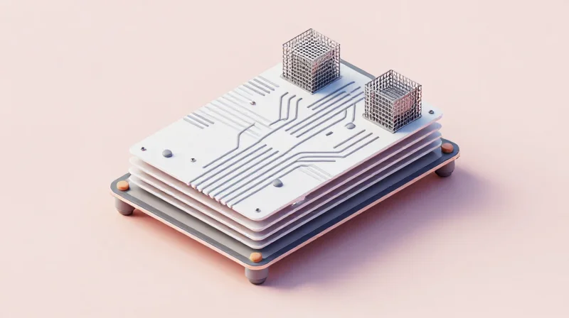 An isometric 3D representation of a complex electronic control module with clearly layered signal paths and shielding components