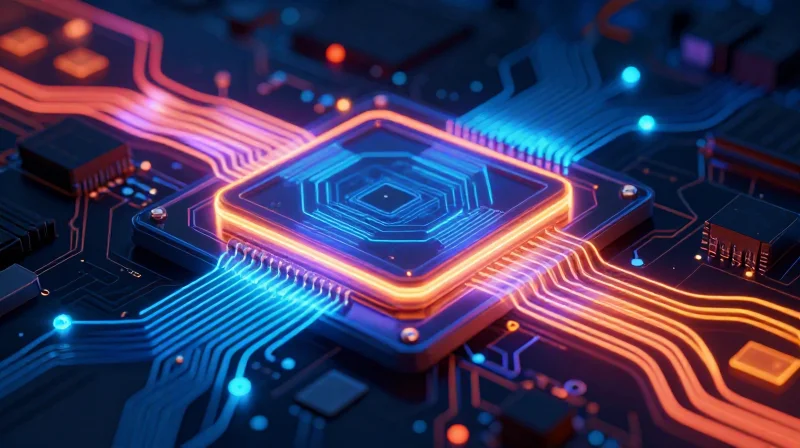A conceptual thermal simulation view of a compact electronic board showing heat distribution pathways