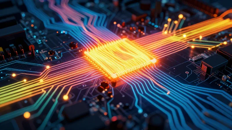 Thermal simulation visualization of a PCB showing heat dissipation zones.