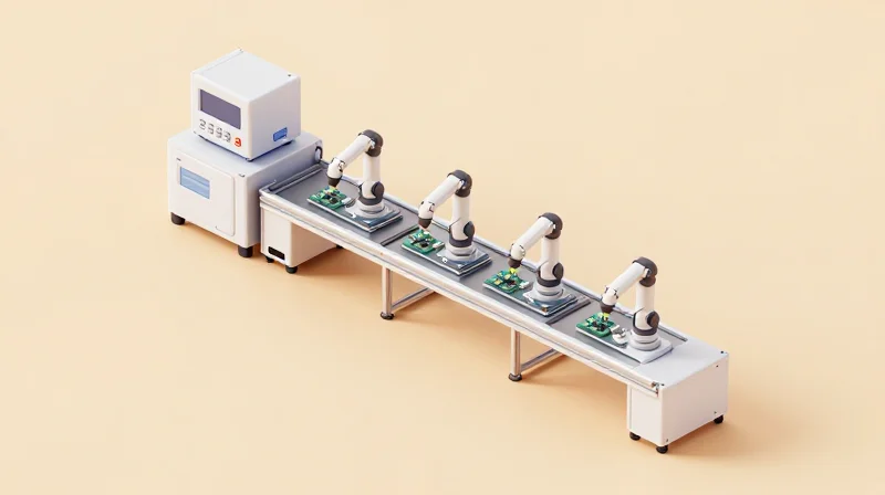 An isometric view of a high-tech PCB manufacturing assembly line for medical devices.