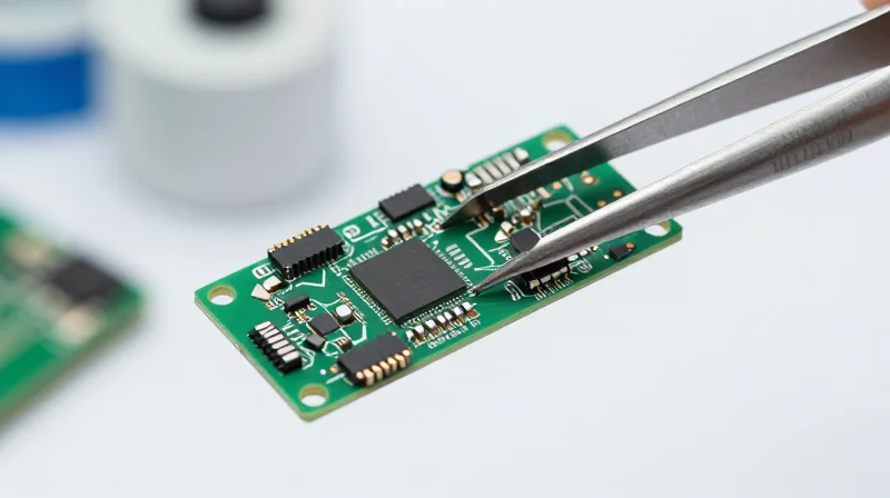 A close-up of a high-reliability PCB held by professional manufacturing tools in a sterile environment.
