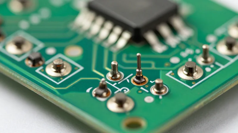 Macro view of precise electronic components on a printed circuit board being inspected.