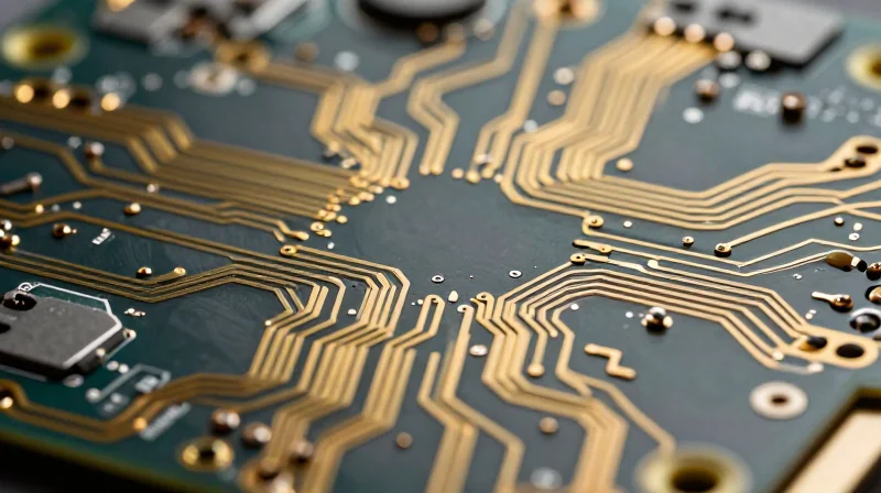 An extreme close-up of a highly miniaturized, complex flexible printed circuit board designed for a medical endoscope tip.