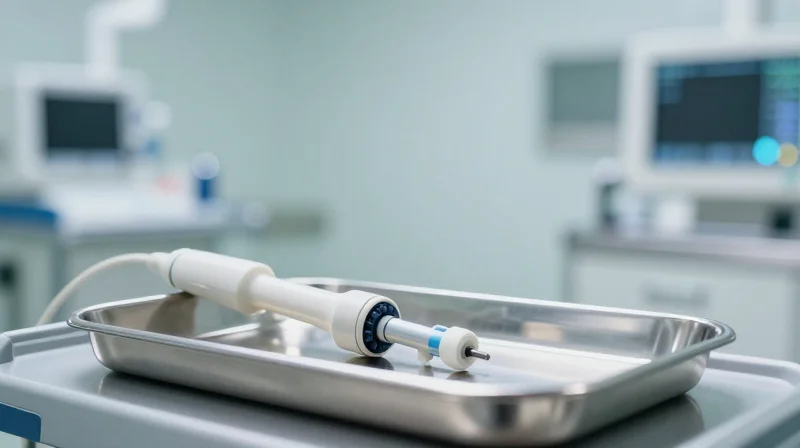 A high-tech surgical imaging probe resting in a sterile operating room environment