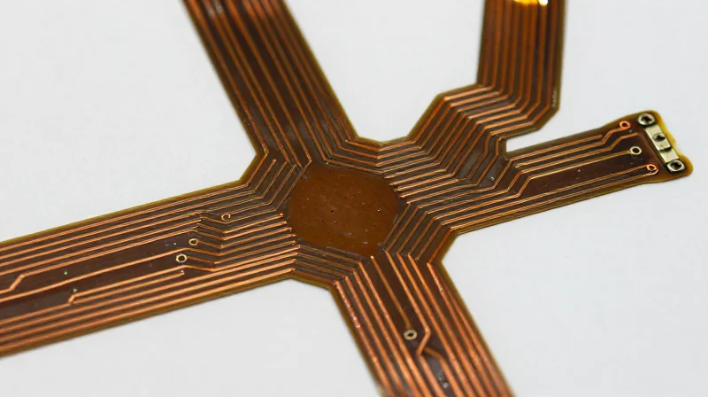 Top-down view of intricate flexible circuit traces showing fine etch spacing