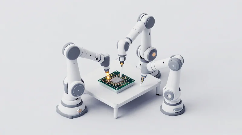 An isometric 3D view of an automated assembly process for micro-electronics.