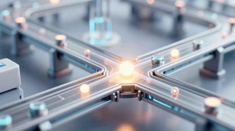 Conceptual 3D visualization showing a flow disruption in a manufacturing line