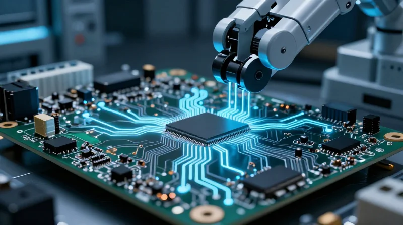 A close-up of a complex medical robot motherboard with intricate circuitry and precision components, conveying high-tech engineering and patient care reliability.