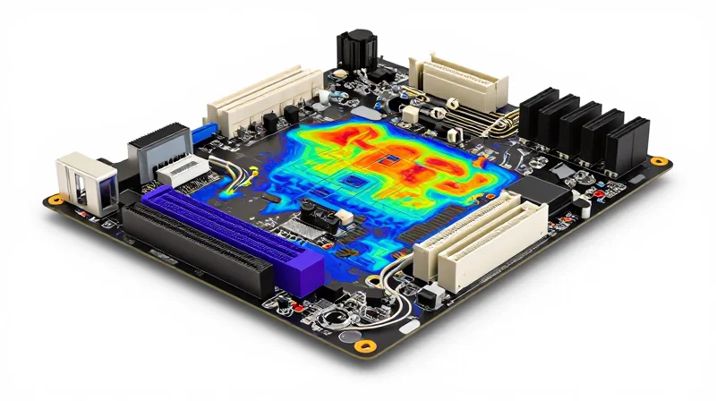 A thermal imaging view of a complex circuit board, highlighting heat dissipation and cooling efficiency.