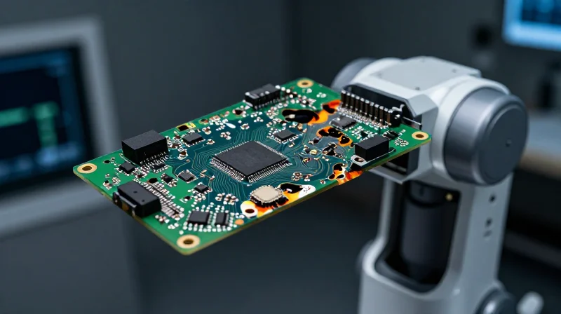 A close-up of a damaged, burnt printed circuit board inside a modern medical robotic component.