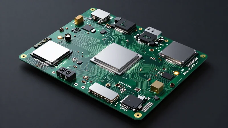 A complex high-speed medical motherboard with intricate circuit paths and processors representing high-bandwidth vision and motion control.