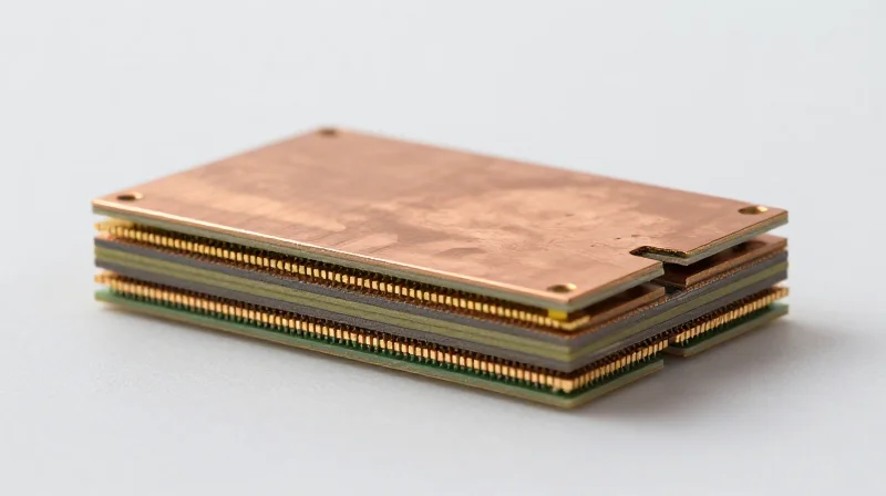 Cross-section view of a multi-layer PCB showing precise stack-up with signal isolation.