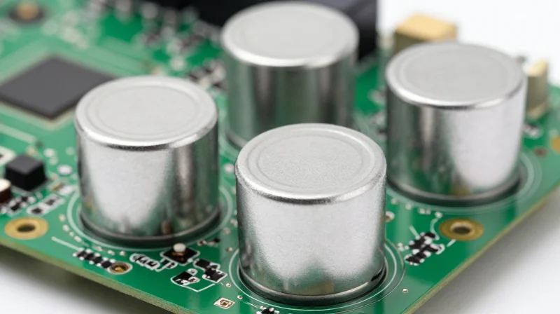 Close up of metal EMI shielding cans on a complex PCB layout.