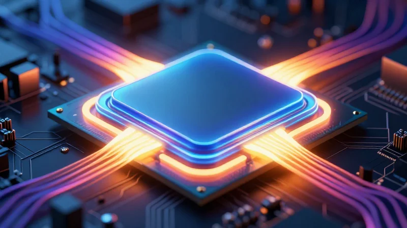 Abstract visualization of thermal dissipation and heat flow on a robotic medical motherboard.