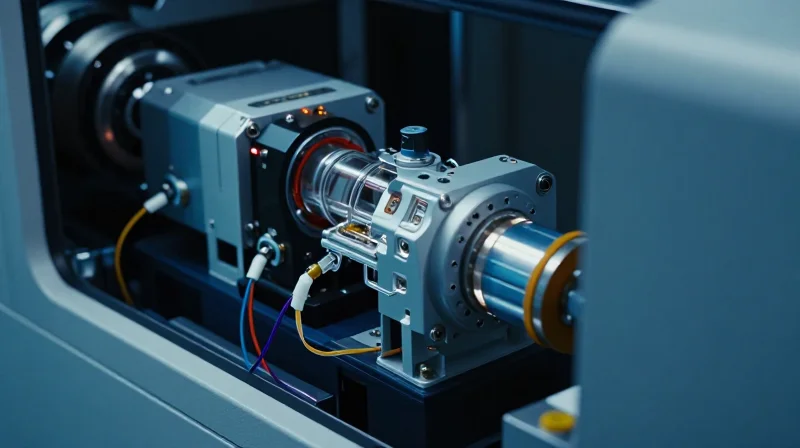 A close-up view of a medical aesthetic laser device's internal core, showcasing complex high-voltage electronics and optical modules under dramatic, precise lighting.