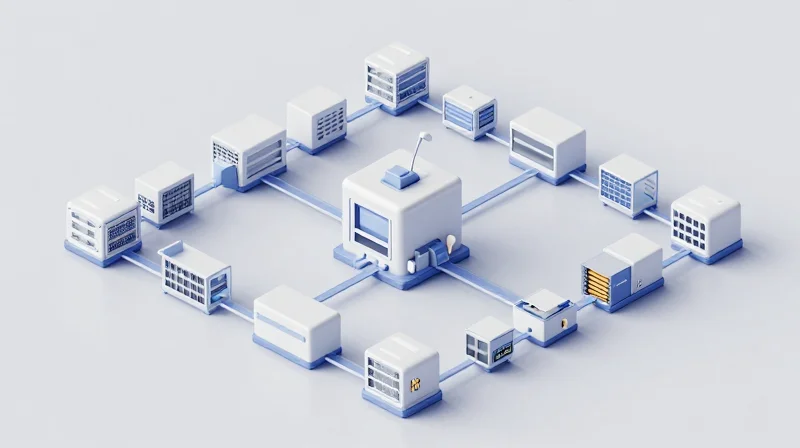 Isometric 3D illustration showing a highly organized supply chain process with connected modules.
