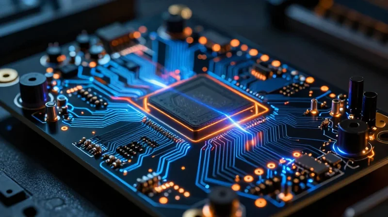 A high-tech circuit board glowing with energy pulses representing the nervous system of an aesthetic laser
