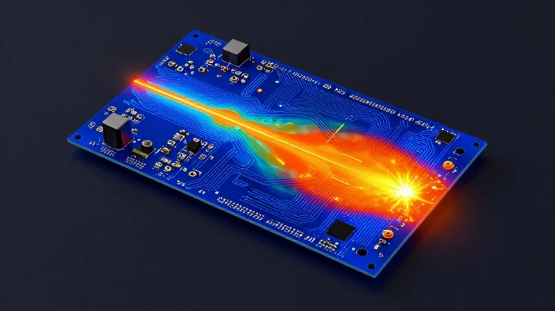 Heat map visualization of a complex circuit board showing high-current thermal zones