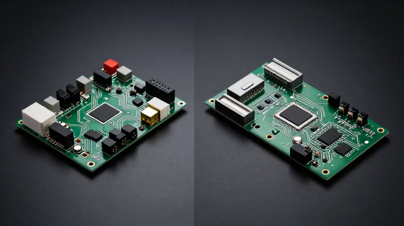 Side-by-side comparison of a cluttered old circuit design versus an optimized new layout