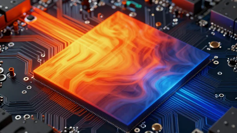 Thermal imaging visualization showing heat distribution on a circuit board surface.