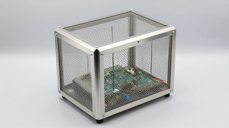 Metallic shielding cage covering an electronic assembly.