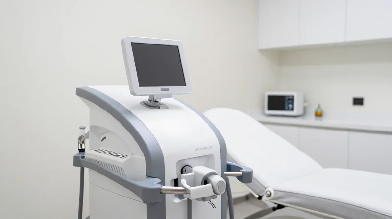 A modern aesthetic medical laser device in a clinical setting with warm lighting