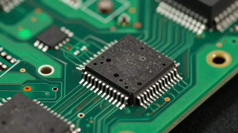 A close-up of a traditional silicon electronic component on a printed circuit board