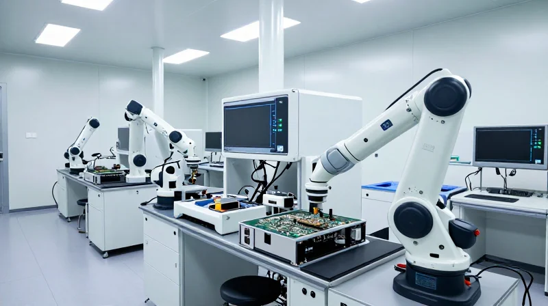 A cleanroom environment for precision electronics manufacturing with robotic arms.